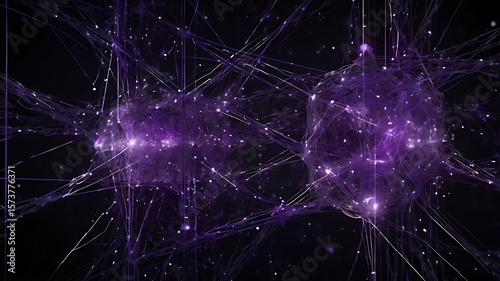 Abstract digital background with glowing purple particles, connected nodes, and polygon lines on a dark gradient. Futuristic and tech-inspired, perfect for modern design use.
