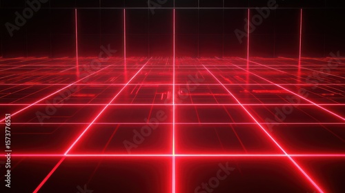 Neon Red Glowing Cyberpunk Grid with Digital Circuits. Abstract Background