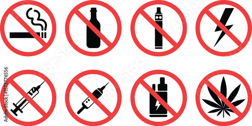 Various prohibited items depicted with red circles and diagonal lines on a white background