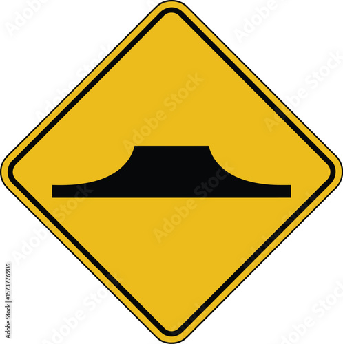 A yellow diamond road sign with a black bump symbol indicating a road hazard ahead warning