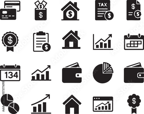 Financial icons including credit cards money charts and calendars dollar coin
