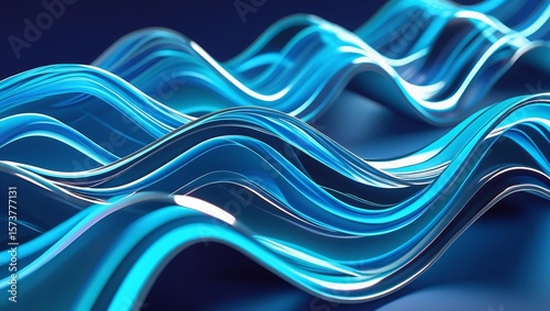 Transparent glass-like digital waves in cyan and electric blue tones, layered and flowing on a dark blue background, glowing edge highlights, soft focus, futuristic feel.