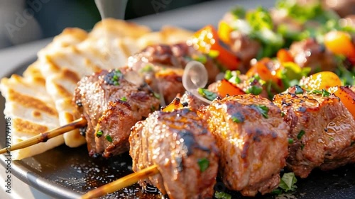 Skewer Culinary Delight: A close-up shot presents a mouthwatering skewer dish, artfully arranged and ready to be savored. This culinary creation features tender pieces of grilled meat.