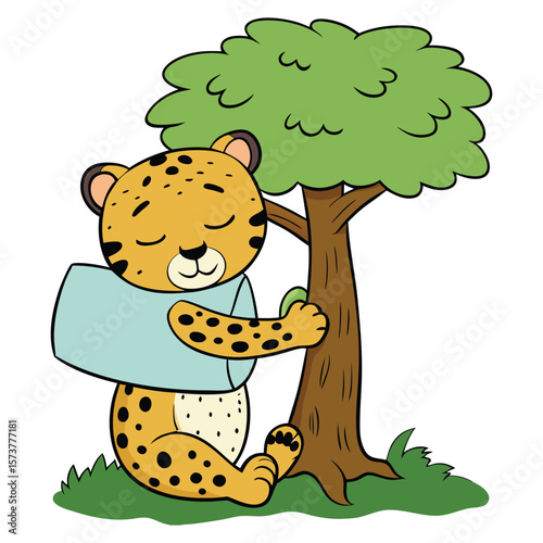 Cartoon cheetah hugging tree with eyes closed animal