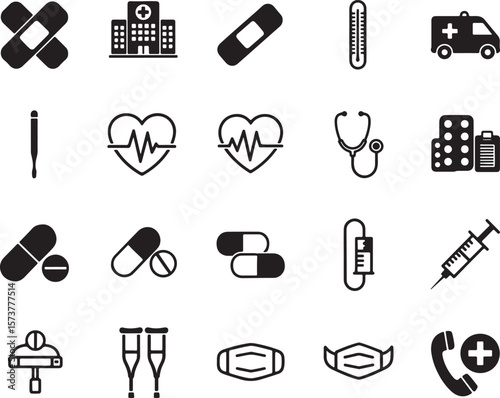 Medical icons featuring hospital ambulance thermometer stethoscope pills and crutches health care