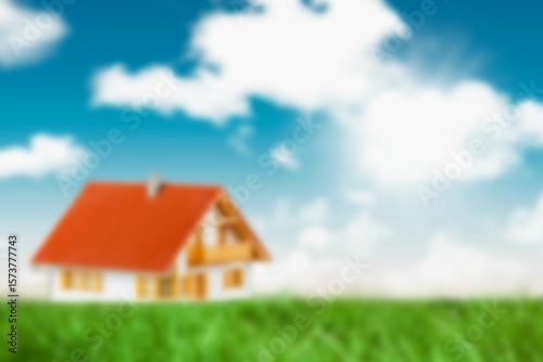 Flat illustration showing house with red roof on grass under blue sky with sun and clouds