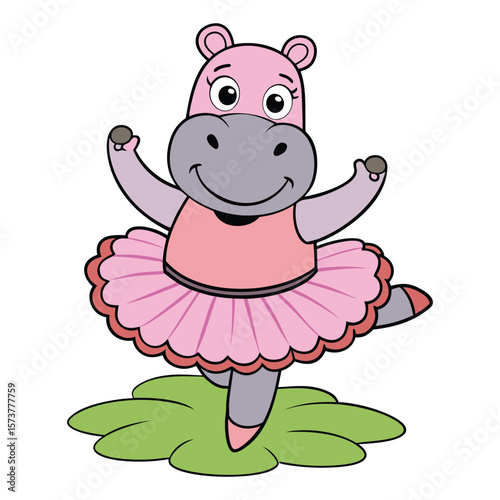 Pink cartoon hippo in ballet tutu dancing on green grass