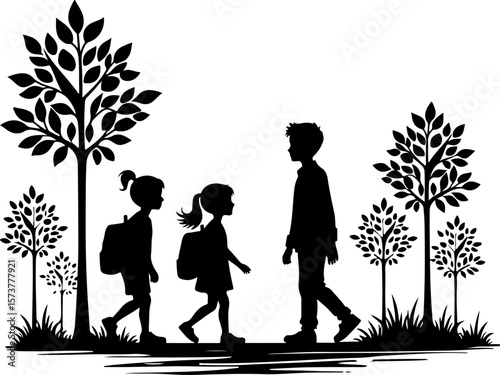 children walking in the school , bike, bicycle, silhouette, cycling, vector, illustration, sport, tree, woman, cyclist, cycle, ride, people, nature, family, biker, spring, love, person, couple, park, 