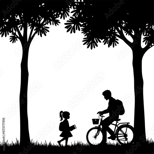 children walking in the school , bike, bicycle, silhouette, cycling, vector, illustration, sport, tree, woman, cyclist, cycle, ride, people, nature, family, biker, spring, love, person, couple, park, 
