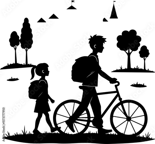 children walking in the school , bike, bicycle, silhouette, cycling, vector, illustration, sport, tree, woman, cyclist, cycle, ride, people, nature, family, biker, spring, love, person, couple, park, 
