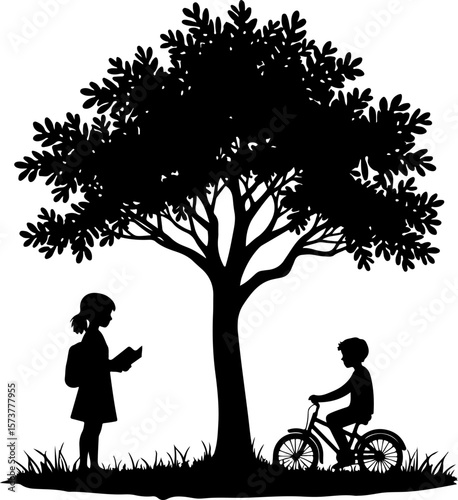 children walking in the school , bike, bicycle, silhouette, cycling, vector, illustration, sport, tree, woman, cyclist, cycle, ride, people, nature, family, biker, spring, love, person, couple, park, 