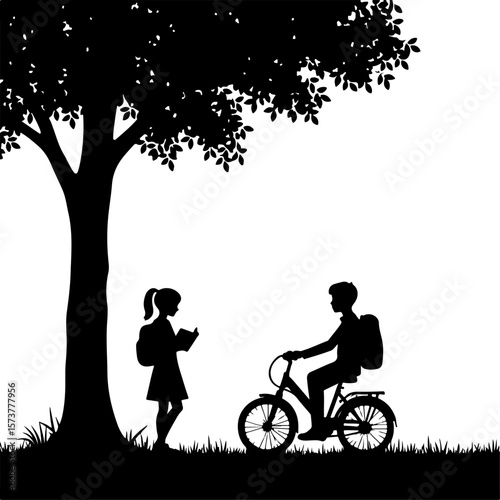 children walking in the school , bike, bicycle, silhouette, cycling, vector, illustration, sport, tree, woman, cyclist, cycle, ride, people, nature, family, biker, spring, love, person, couple, park, 