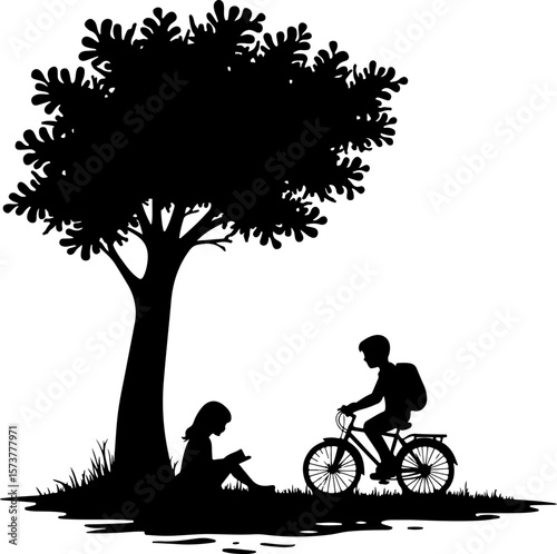 children walking in the school , bike, bicycle, silhouette, cycling, vector, illustration, sport, tree, woman, cyclist, cycle, ride, people, nature, family, biker, spring, love, person, couple, park, 