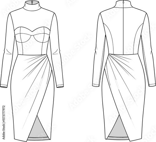 CAD dress sketch, technical garment drawing, high-neck wrap design, fitted bodice, long sleeves, draped asymmetrical skirt, front slit detail, vector fashion illustration, elegant