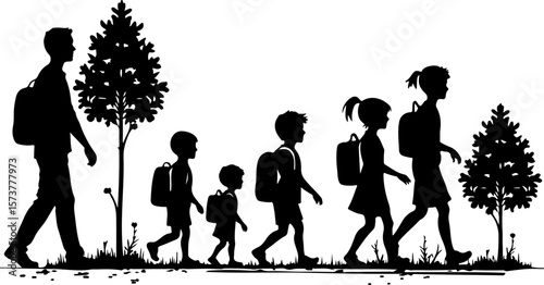 children walking in the school , bike, bicycle, silhouette, cycling, vector, illustration, sport, tree, woman, cyclist, cycle, ride, people, nature, family, biker, spring, love, person, couple, park, 
