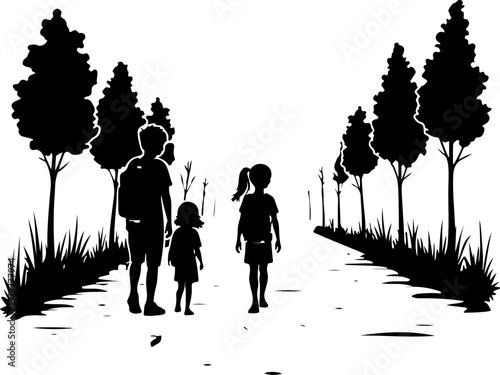 children walking in the school , bike, bicycle, silhouette, cycling, vector, illustration, sport, tree, woman, cyclist, cycle, ride, people, nature, family, biker, spring, love, person, couple, park, 