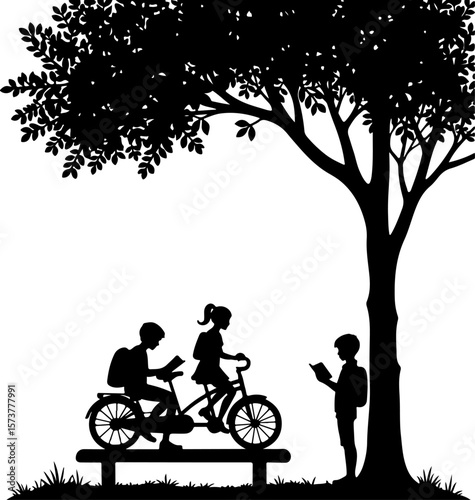 children walking in the school , bike, bicycle, silhouette, cycling, vector, illustration, sport, tree, woman, cyclist, cycle, ride, people, nature, family, biker, spring, love, person, couple, park, 