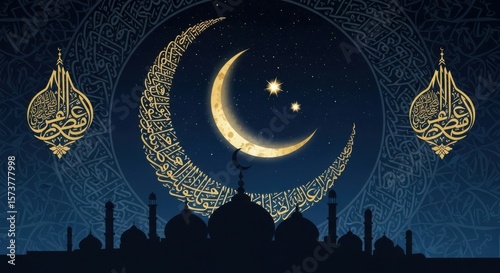 Islamic Crescent Moon and Mosque Silhouette with Ornate Lanterns and Arabic Calligraphy on a Blue Background