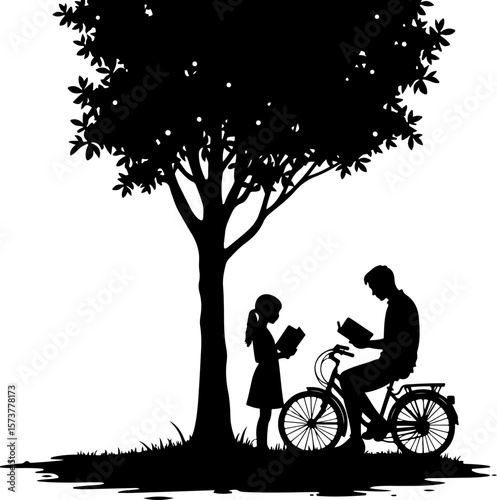 family on a bicycle, tree, silhouette, love, couple, woman, park, nature, family, spring, people, vector, illustration, child, grass, boy, garden, kid, mother, landscape, childhood, romance, walk, flo