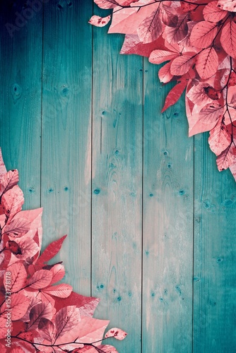 Decorative flat-lay featuring teal-painted wooden planks with pink-tinted leaves framing corners