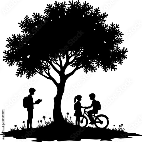 family on a bicycle, tree, silhouette, love, couple, woman, park, nature, family, spring, people, vector, illustration, child, grass, boy, garden, kid, mother, landscape, childhood, romance, walk, flo