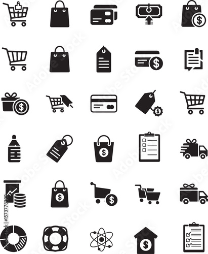 Shopping cart credit card tag gift box delivery truck money icons vector