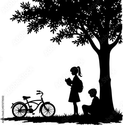 family on a bicycle, tree, silhouette, love, couple, woman, park, nature, family, spring, people, vector, illustration, child, grass, boy, garden, kid, mother, landscape, childhood, romance, walk, flo