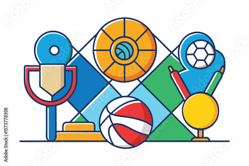 Vibrant graphic featuring various sports gear and awards in a geometric style, showcasing athletic themes.