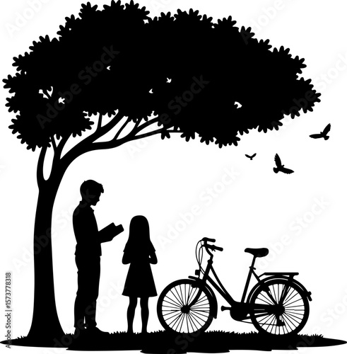 family on a bicycle, tree, silhouette, love, couple, woman, park, nature, family, spring, people, vector, illustration, child, grass, boy, garden, kid, mother, landscape, childhood, romance, walk, flo
