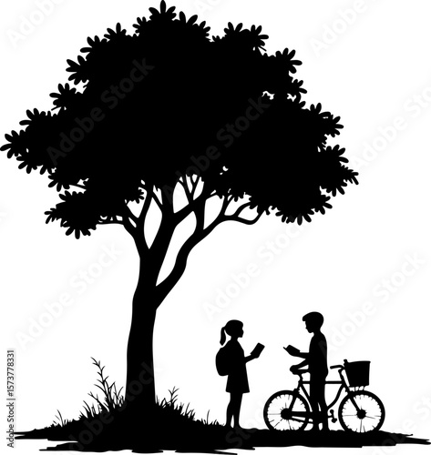 family on a bicycle, tree, silhouette, love, couple, woman, park, nature, family, spring, people, vector, illustration, child, grass, boy, garden, kid, mother, landscape, childhood, romance, walk, flo