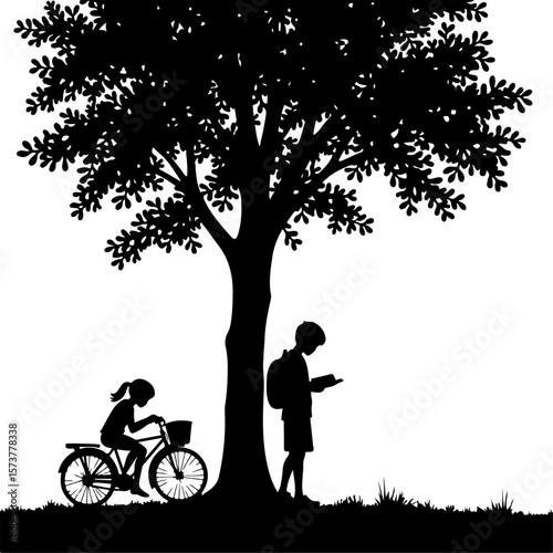 family on a bicycle, tree, silhouette, love, couple, woman, park, nature, family, spring, people, vector, illustration, child, grass, boy, garden, kid, mother, landscape, childhood, romance, walk, flo