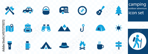 Camping, outdoor adventure icon set. Vector glyph pictograms of eco-tourism, tent, backpack, campfire, compass, kayak, hiking, travel