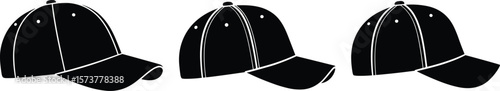 Three black baseball caps, white stitched brim, casual headwear illustration, vector front and angled views, fashion product design, sporty accessory, CAD drawing set