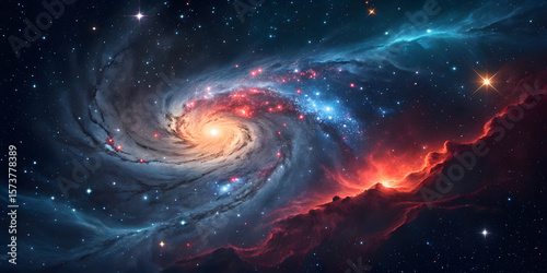 Spectacular galactic spiral structure with glowing center and sweeping arms of blue and red stellar material extending through surrounding nebular clouds.