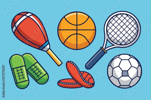 Collection of Colorful Sports Equipment Icons on a Light Blue Background