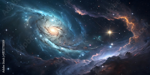 Elegant spiral galaxy embedded within colorful nebular environment showing golden streams and blue-white stellar formations creating breathtaking celestial composition and wonder.