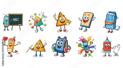 Cartoon school supplies characters with happy expressions