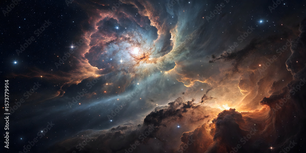 Fototapeta premium Central bright core with radiating gas clouds, blue and orange colors, and stellar formations creating dramatic cosmic explosion.