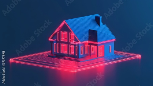 A stylized digital house model illuminated with neon lights, showcasing a blend of technology and architecture in a modern design.