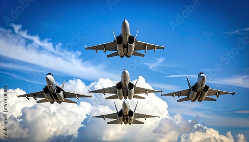 Photo footage of a fighter jet in formation, showing multiple jets flying in tight formation with their wings aligned against a blue sky
