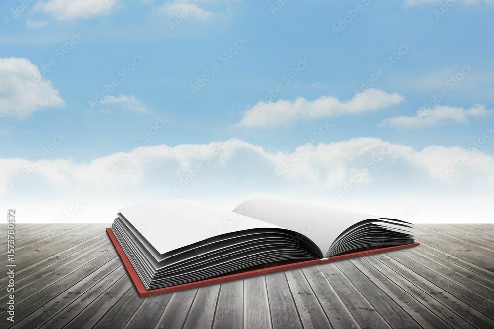 Fototapeta premium Flat design open red hardcover book is resting on weathered deck under blue sky with clouds