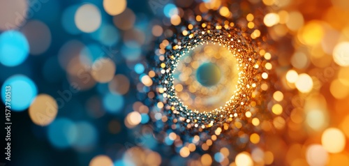 A mesmerizing abstract design featuring swirling vibrant circles of light in blue and orange hues.