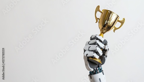 robot hand holding up an award cup, symbolizing success and achievement on a white background