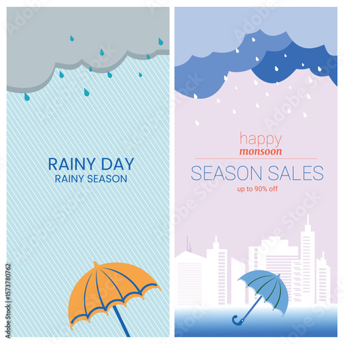 Colorful rainy season promotional banner with umbrella, raindrops, clouds, and cityscape. Perfect for monsoon sale, weather themes, marketing ads, and seasonal promotions