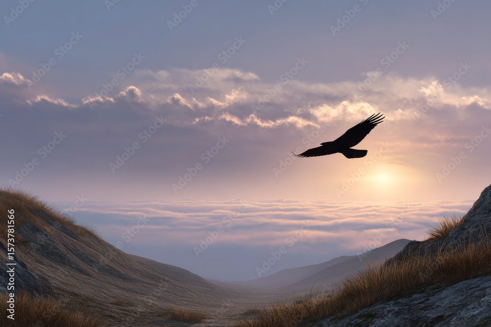 Obraz premium Silhouette of a bird flying above a mountain range towards a sunlit horizon amidst clouds