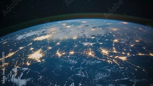 Earth from space, illuminated by city lights.