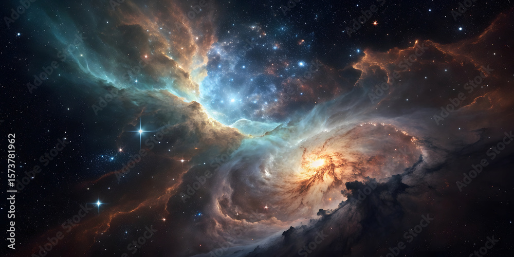 Fototapeta premium Colorful nebula featuring blue, orange, and teal gas clouds, bright stellar formations, cosmic dust streams, brilliant star clusters embedded.