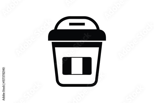 Simple black and white icon of a disposable coffee cup with a lid and a label on a white background