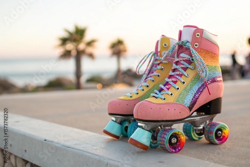 Two colorful roller skates with rainbow laces are sitting on a cement ledge