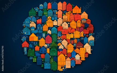 A vibrant collection of colorful houses arranged in a circular pattern against a dark background, showcasing a playful urban landscape.